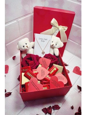 Mynil Sevgiliye Özel Hediye ,zirkon Taşlı Kolye,ayıcık,gül ve Çikolata Sepeti Kız Arkadaşa Sevgili