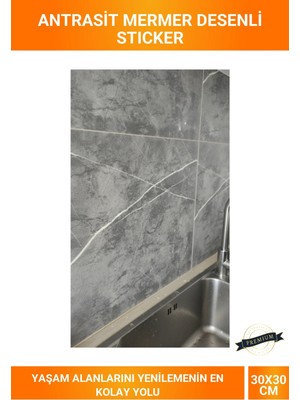 Letsii 30X30 cm Antrasit Mermer Desenli Kendinden Yapışkanlı Suya ve Neme Dayanıklı Fayans Duvar Stickerı