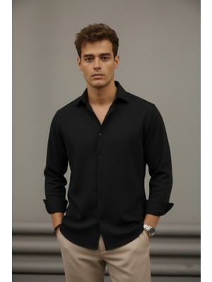 Bürke Sofya Keten Siyah Yarım Oversize Erkek Gömlek