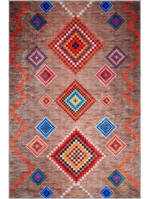 Aren Halı Alvear Geometrik Kahverengi Polyester ve Pamuklu Kaydırmaz Tabanlı Yıkanabilir Dijital Baskı Hal