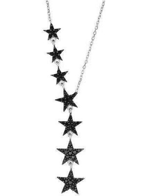 Mavili Gümüş 925 Ayar Gümüş Sıralı Siyah Yıldız Kolye - Gümüş