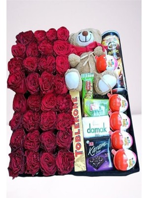 Mynil Sevgiliye Eşine Aşkına Anneye Kız Arkadaşa Kutuda Kırmızı Gül,ayıcık ve Atıştırmalıklar