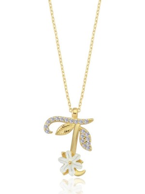 Mavili Gümüş Işıltılı Manolya Çiçeği T Harfi Gümüş Harfli Kolye - Altın