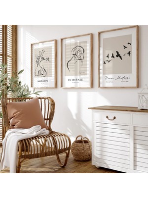 Pam Studio Minimalist Bej Line Art 3’lü Tablo Seti – Modern Poster Duvar Dekoru Salon Yatak Odası Için