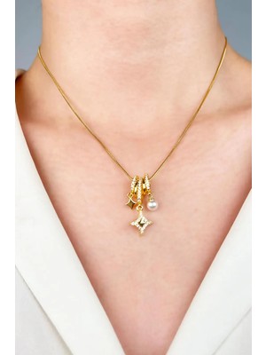 Sose Moda Yılıdz ve Inci Uçlu Charm Çelik Kolye - Gold