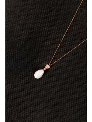 By More 925 Ayar Gümüş Zirkon Taşlı Kalpli Damla Inci Kolye - Rose Altın Kaplama