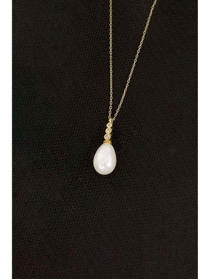 By More 925 Ayar Gümüş Tria Modeli Damla Inci Kolye - Altın Kaplama