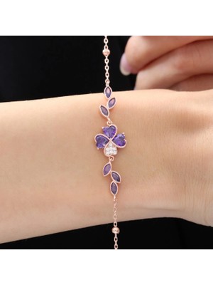 Mavili Gümüş Pırlanta Montür  Ametist Taşlı Kalp Yonca Form Gümüş Bileklik - Altın