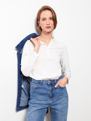 Lc Waikiki Yeni Sezon Polo Yaka Düz Uzun Kollu Pike Kadın Tişört
