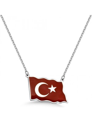 Mavili Gümüş Türk Bayrağı Mineli Gümüş Kolye - Gümüş