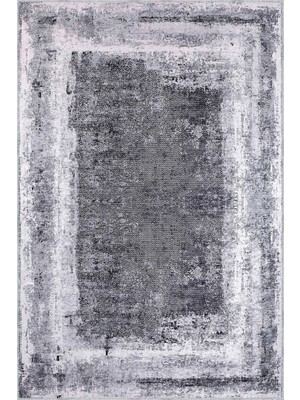 Aren Halı Jalore Çerçeveli Gri Polyester ve Pamuklu Kaydırmaz Tabanlı Yıkanabilir Dijital Baskı Halısı
