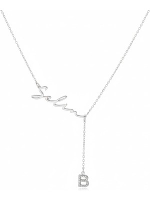 Mavili Gümüş Yeni Taşlı Harf Isimli Gümüş Kolye - Gümüş