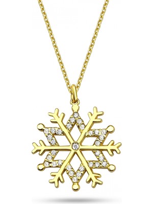 Mavili Gümüş Işıltılı Taşlı Kar Tanesi Gümüş Kolye - Altın