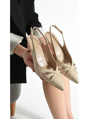 Sıeny Kadın Bej 6 cm Topuklu Arkası Açık Tokalı Sivri Burun Stiletto Rugan Ayakkabı