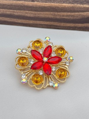Luseda Ithal Kırmızı & Amber Taşlı Çiçek Formlu Zarif Broş