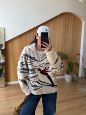 Deva By Gülten Berk Kadın Yarım Fermuarlı Kayak Desenli Polar Sweatshirt
