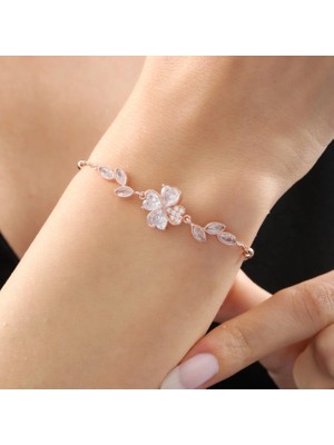 Mavili Gümüş Pırlanta Montür Işıltılı Kalp Yonca Form Gümüş Bileklik - Altın