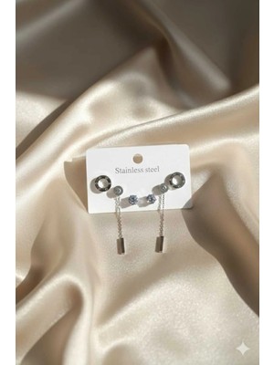 Stainless Steel Kadın Gümüş Renk Zirkon Taşlı Zincir Detaylı Çelik Küpe