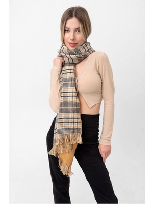 Kokoş Çift Taraflı Ekose Desenli Bej Kalın Şal