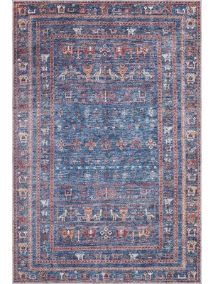 Canaza Modern Etnik Mavi Polyester ve Pamuklu Kaydırmaz Tabanlı Yıkanabilir Dijital Baskı Halıs