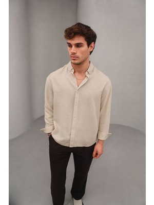 Bürke Yazlık Keten Dokulu Uzun Kollu Krem/bej Yarım Oversize Erkek Gömlek
