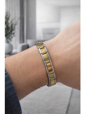 Stainless Steel Erkek Italyan Tasarım Gold Detaylı Çelik Bileklik