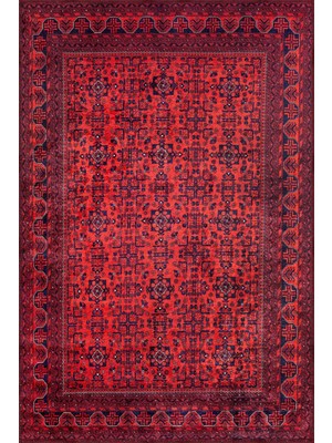 Alveste Çerçeveli Kırmızı Polyester ve Pamuklu Kaydırmaz Taban Yıkanabilir Dijital Baskı Hal