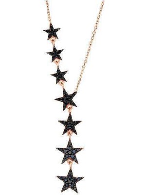 Mavili Gümüş 925 Ayar Gümüş Sıralı Siyah Yıldız Kolye - Rose