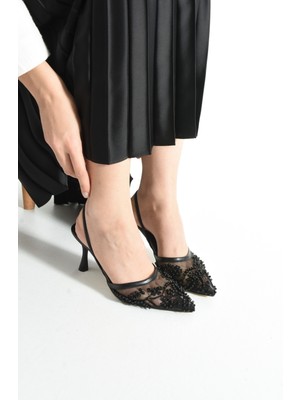 Dabab Shoes Meggıe Kadın Siyah Sivri Burun 7 cm Ince Topuklu Tül Üzerine Inci Işlemeli Slingback Abiyeayakkabı
