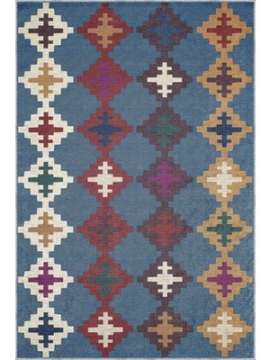 Luzia Geometrik Mavi Polyester ve Pamuklu Kaydırmaz Tabanlı Yıkanabilir Dijital Baskı Halısı