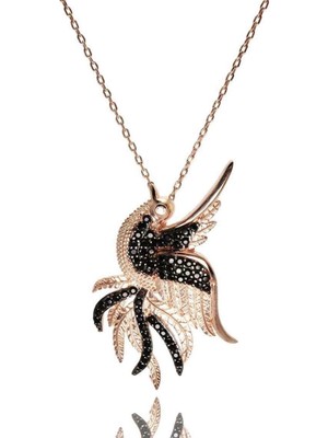 Mavili Gümüş Zümrüdü Anka Kuşu Simurg Bayan Gümüş Kolye Büyük Boy - Rose