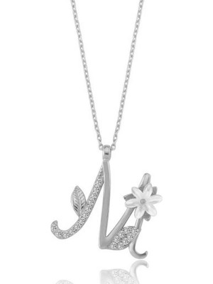 Mavili Gümüş Işıltılı Manolya Çiçeği M Harfi Gümüş Harfli Kolye - Gümüş