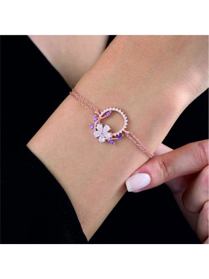 Mavili Gümüş Pırlanta Montür Ametist Tacı Rose Renk Flowers Gümüş Bileklik - Altın