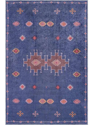 Aren Halı Avila Modern Etnik Lacivert Polyester ve Pamuklu Kaydırmaz Tabanlı Yıkanabilir Dijital Baskı Hal