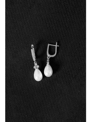 By More 925 Ayar Gümüş Zirkon Taşlı Tria Damla Inci Küpe - Rodyum Kaplama