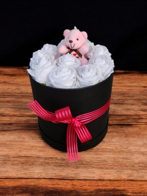 Mynil Silindir Kutuda Yapay Kadife Gül ve Lüks Ayıcık Doğum Günü Sevgiliye Özel Gün Hediyesi