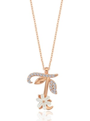 Mavili Gümüş Işıltılı Manolya Çiçeği T Harfi Gümüş Harfli Kolye - Rose