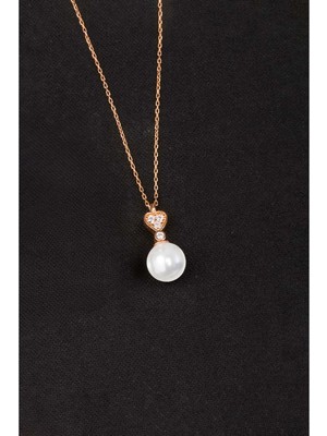 By More 925 Ayar Gümüş Zirkon Taşlı Kalpli Küre Inci Kolye - Rose Altın Kaplama