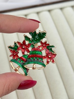 Luseda Yılbaşı Çiçek & Çan Temalı Mine Işlemeli Broş