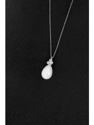 By More 925 Ayar Gümüş Zirkon Taşlı Tria Damla Inci Kolye - Rodyum Kaplama