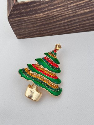 Luseda Taşlı Yeşil Ağacı Yılbaşı Broşu