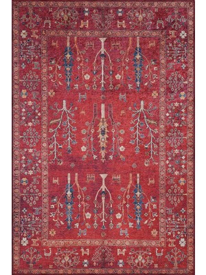 Bisira Çerçeveli Etnik Kırmızı Polyester ve Pamuklu Kaydırmaz Tabanlı Yıkanabilir Dijital Ba