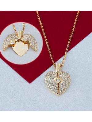 Mavili Gümüş Açılan Kalp Taşlı Gümüş  Kolye - Altın