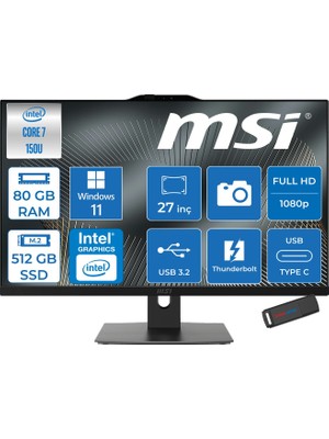 MSI Msı Modern AM272P Intel Core 7 150U 5.4ghz 80GB Ddr5 512GB SSD Windows 11 Home Intel Graphics 27 Inç Fullhd (1920X1080) IPS 300NITS All In One Bilgisayar 1M1205XTRH32 + Zetta Flash Bellek