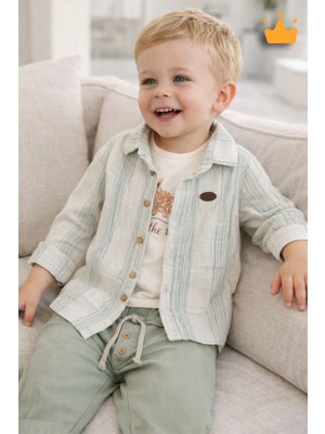 Baby Hola Köpek Baskılı Müslin Kumaş Erkek Bebek Üçlü Takım Set Babyhola 2214