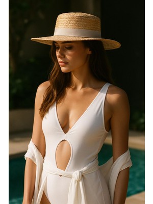 Dess Design Bantlı Doğal Hasır Boater Şapka - Kadın Hasır Şapka