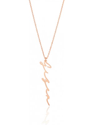 Mavili Gümüş Yeni Trend Dikey Imza 925 Ayar Gümüş Kolye - Rose