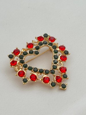 Luseda İthal Kırmızı & Yeşil Taşlı Kalp Formlu Zarif Broş