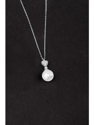 By More 925 Ayar Gümüş Zirkon Taşlı Kalpli Küre Inci Kolye - Rodyum Kaplama