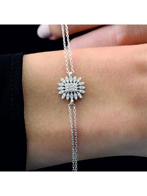 Mavili Gümüş Pırlanta Montür Baget Güneşi Gümüş Bileklik - Altın